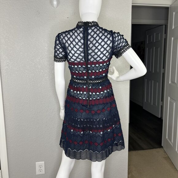 Renvy Size S Open Lace Fit and Flare Mini Dress Short Sleeve Red Navy High Neck - Picture 4 of 10